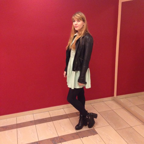 90's style chunky heeled ankle boots plus leather jacket and collared dress