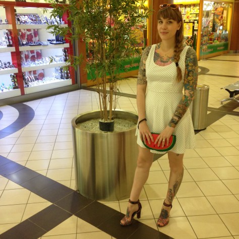 polka dot dress and watermelon clutch