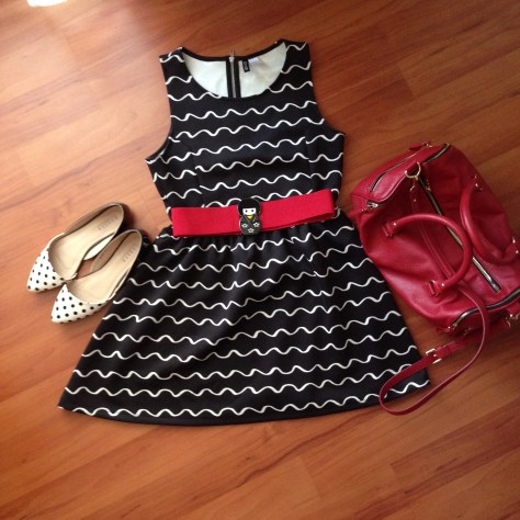 mohito polka dot flat shoes, H&M black and white dress, Zara red belt