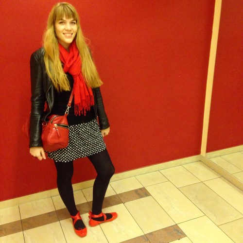 red ballet melissa flats, polka dots, leather jacket