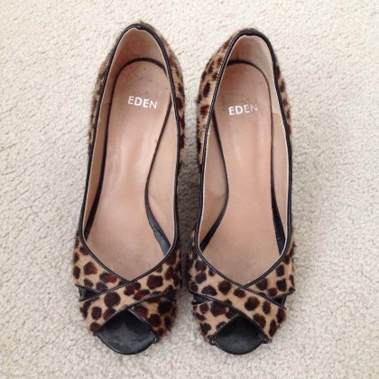 Eden leopard print ponyhair open toe wedges