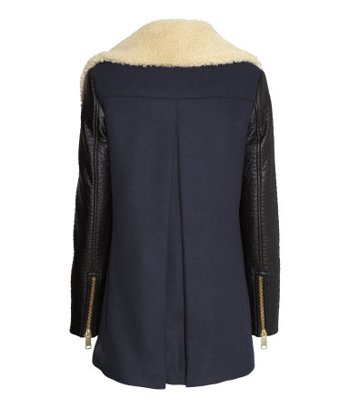 H&M blue coat with leather look sleeves back