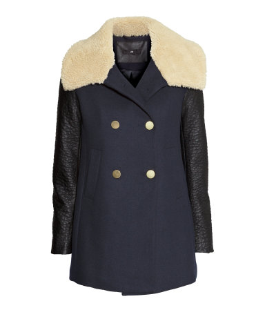 H&M blue coat with leather look sleeves